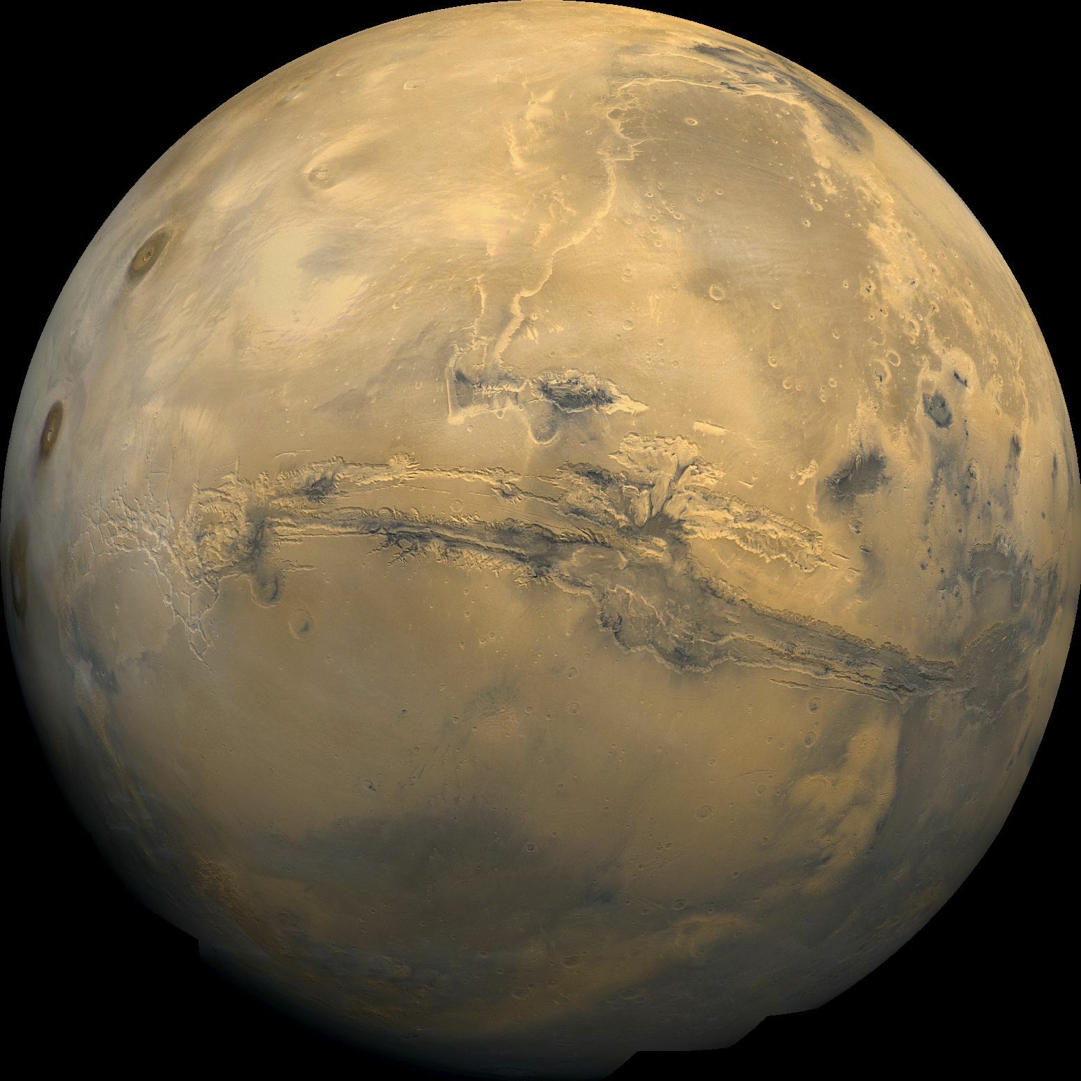 在太空中看到火星，水手峡谷如同火星巨大的伤疤。（来自 File:Mars Valles Marineris.jpeg，公共领域作品）