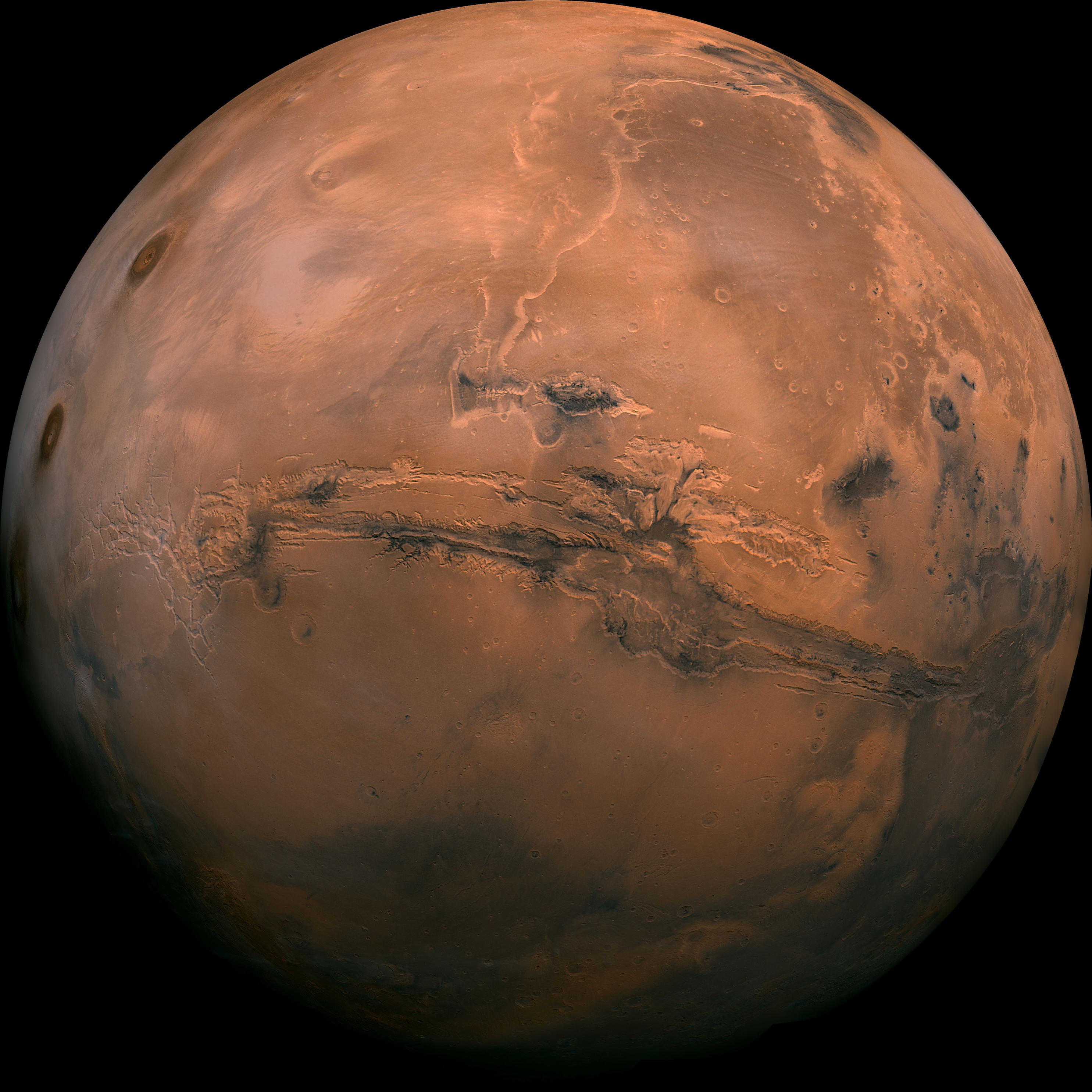 从火星高空看，水手峡谷赫然横在火星北半球，就像火星的一道疤痕。Courtesy NASA/JPL-Caltech