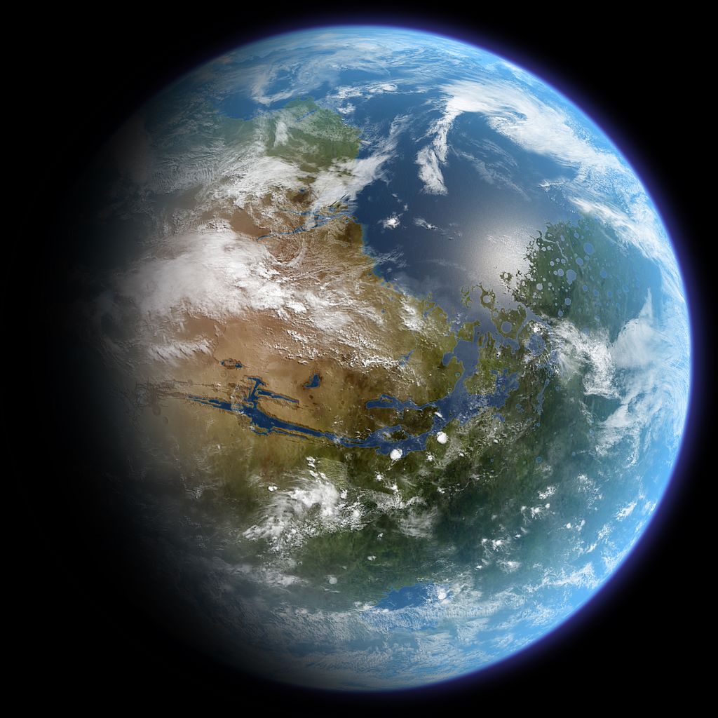 改造的火星。来源：Terraformed Mars Globe Realistic CC BY-SA 协议。
