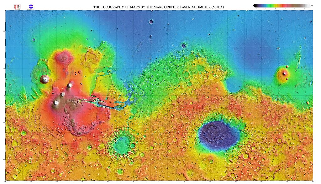 来自 维基百科: Mars topography (MOLA dataset) with poles HiRes.jpg