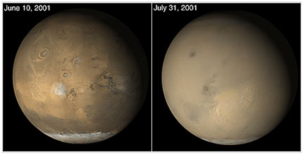 图片来自 Universe Today。可以明显看到 2001 年 7 月 31 号的时候，整个星球都被沙尘暴覆盖了。