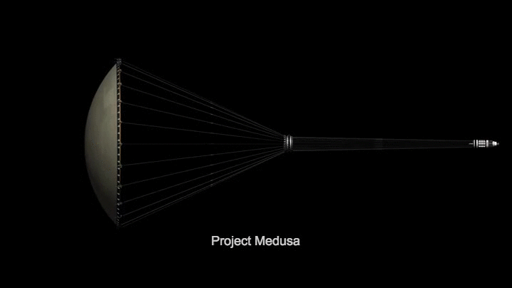 Project Medusa 飞行的时候就像海中一个巨大的乌贼一样。完整视频在我们的 Bilibili。来自 The Medusa - An advanced nuclear pulse spacecraft。